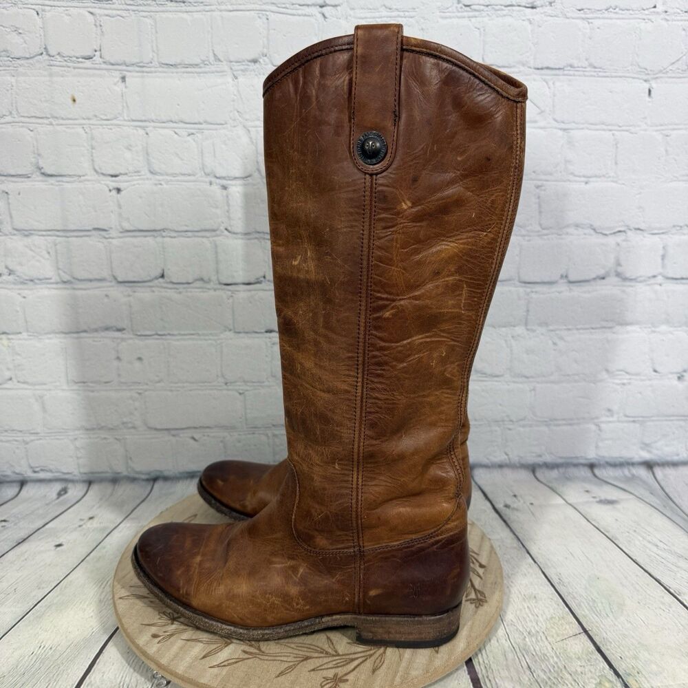 Frye Melissa Leather Riding Boots Women 7 Brown Distressed Button 2 Equestrian - Picture 3 of 16